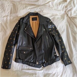 Scotch and Soda Star Embroidered Leather Moto Jacket